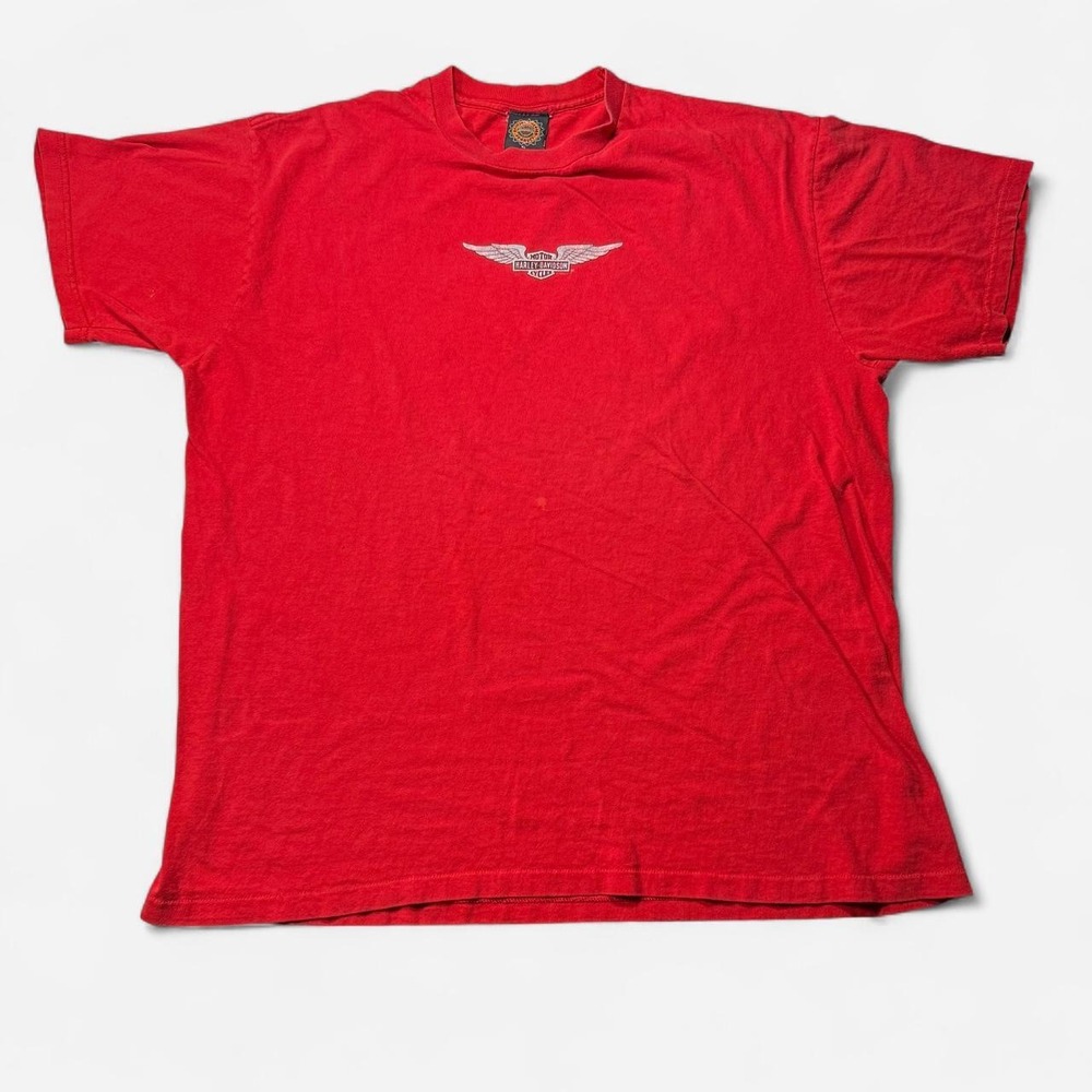 Vintage Harley Davidson red tee with silver winged bar & shield logo, size XL